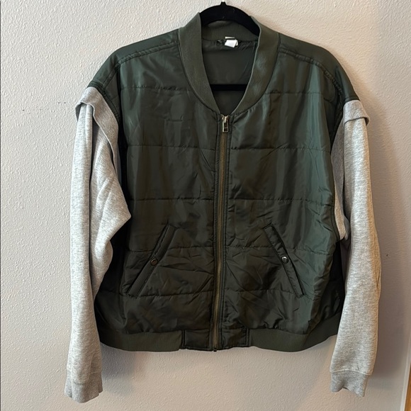 Daily Practice Jackets & Blazers - Olive Green Bomber Jacket with Gray Sleeves